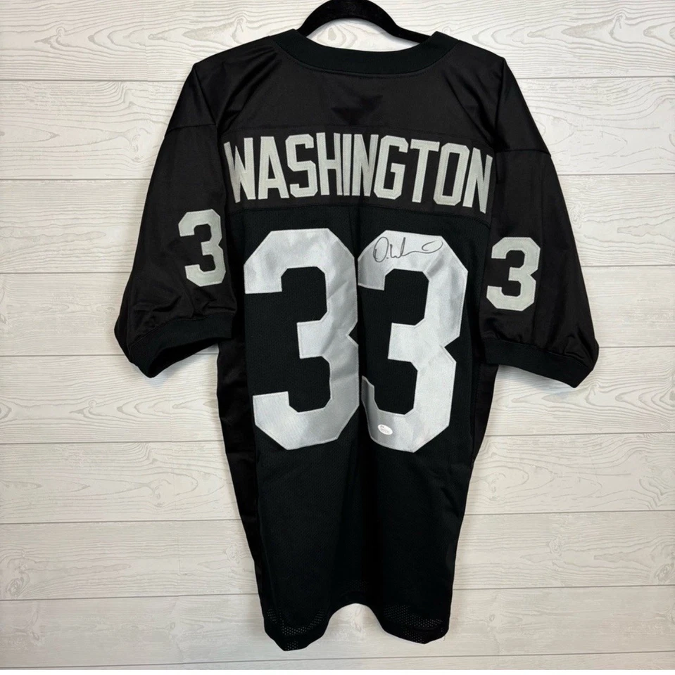 CAMISETA AUTOGRAFIADA FIRMADA POR DEANDRE WASHINGTON OAKLAND RAIDERS NFL #83 XL JSA CO Foto 1 de 4