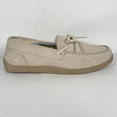 MySlippers Shoes Womens Size 11 Beige Suede Moccasin Faux Fur Lined Comfort - Image 1 of 4