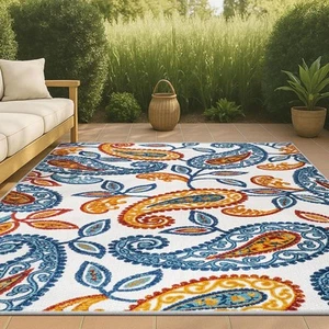 Julien Paisley High-Low Orange/Blue 8 ft. x 10 ft. Indoor/Outdoor Area Rug - Picture 1 of 12