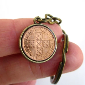 PORTUGAL Coin Key Chain Upcycled Vintage Republica Portuguesa Solid Bronze Coin - Picture 1 of 4