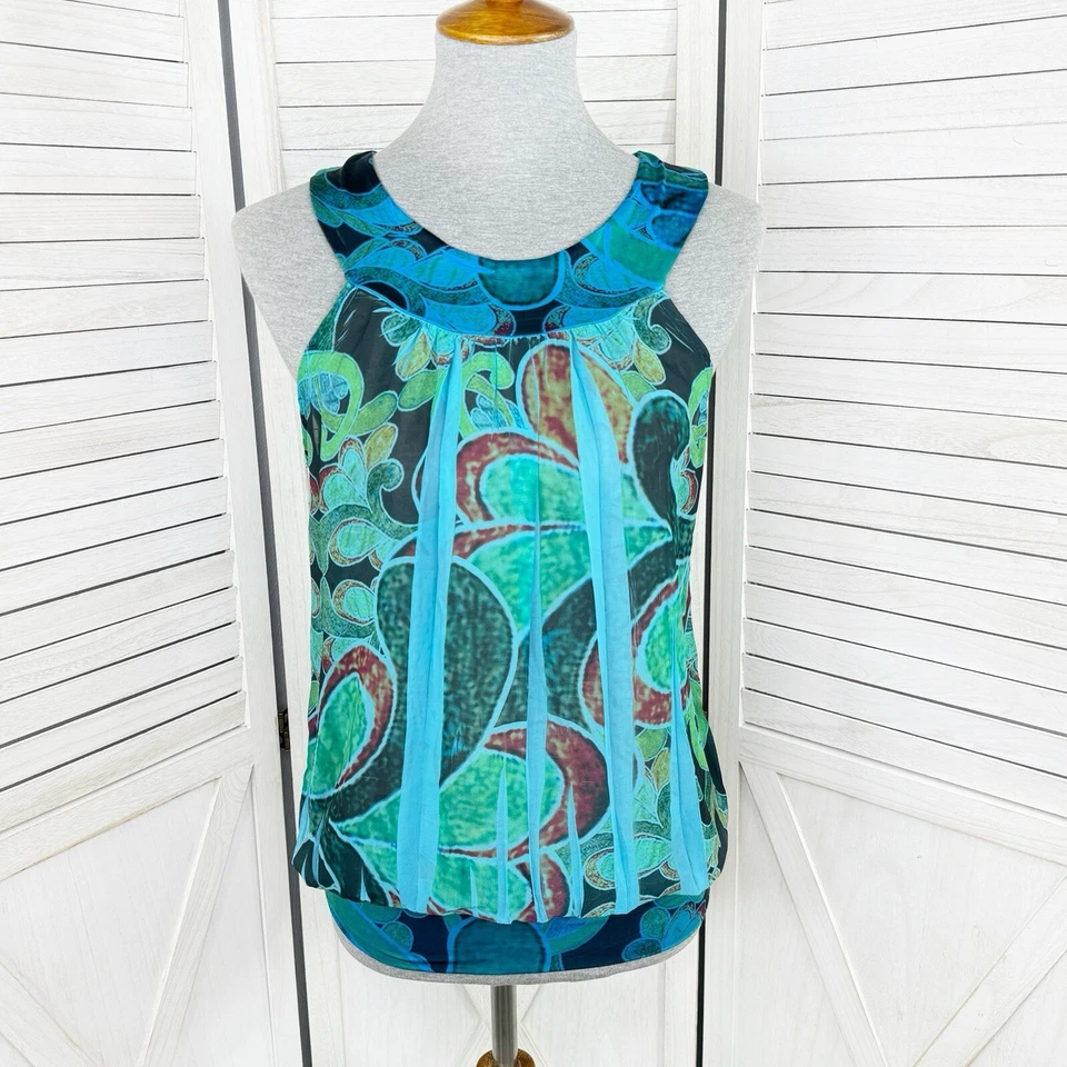 Lipstick Tank Top Womens Medium Teal Blue Paisley Stamp Died Pleated Y2K Blousey - Image 1 of 4