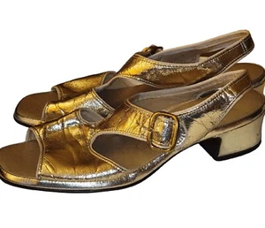 VTG Slingback Size 7 Low Heel Cobbies US Shoe Corp. Gold W/ Buckle Open Toe - Picture 1 of 6
