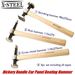 3pc Car Panel Beating Hammer Set:Pick/Cross Chisel/Shrinking Hickory Handles - Picture 1 of 5