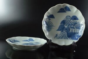 N3585: Japanese Old Imari-ware Blue&White Louge Landscape PLATE/dish 2pcs