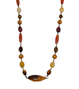 Wood, stone, and glass bead necklace in brown, beige and copper colors. New - Picture 1 of 11