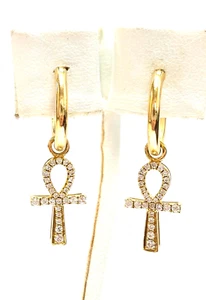 18k Natürlicher Diamant Ankh/Ägyptisches Kreuz Charm auf 18k Mini Creolen - Bild 1 von 8