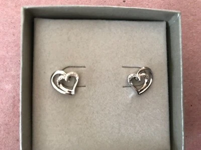 New in Box.  ZALES Jewelers Sterling Silver 2 Heart Shaped Diamond Earrings - Image 1 of 3