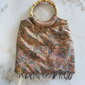 Silky Paisley Print Gold Pink Blue Beaded Boho Bamboo Handle Handbag Purse - Picture 1 of 9
