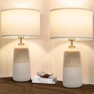 Tisuokae Bedside Lamps Set of 2, Ceramic Tall Bedside Table Lamps with Fabric Sh - Picture 1 of 10