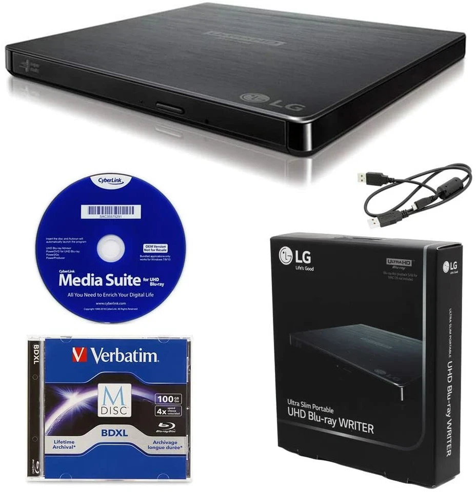 LG BP60NB10 Portable 6X Ultra HD 4K Blu-ray Burner External Drive with CyberL...
