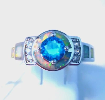 GORGEOUS WHITE  FIRE OPAL/ AQUAMARINE RING UK Size "R" US 9 - Image 1 of 4