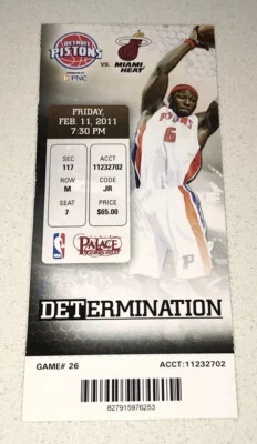 Miami Heat NBA Pistons 2/11/11 Ticket Stub Bosh Wade Lebron James Win Away Game - Image 1 of 2