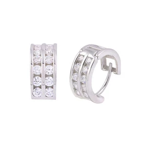 Huggie Hoop Earrings Cubic Zirconia Sterling Silver14mm 2 Row - Picture 1 of 3