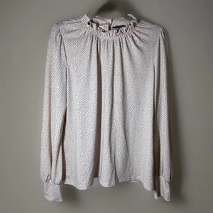 Adrianna Papell Womens Pale Pink Gray Dot Long Sleeve Blouse Ruffle Neck Size L - Picture 1 of 9
