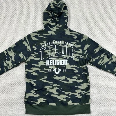 True Religion HS True Zip Hoodie Men XL Green Camo Big Graphic Jacket Drawstring Foto 1 de 4