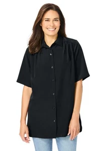 Woman Within Plus Size Short-Sleeve Peachskin Button-Front Shirt - Picture 1 of 28