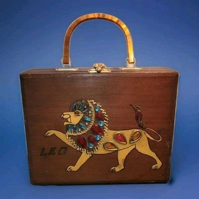 Vintage Wood Brass Box Purse Lucite Handle Leo Zodiac Jeweled Enid Collins Style - Image 1 of 4