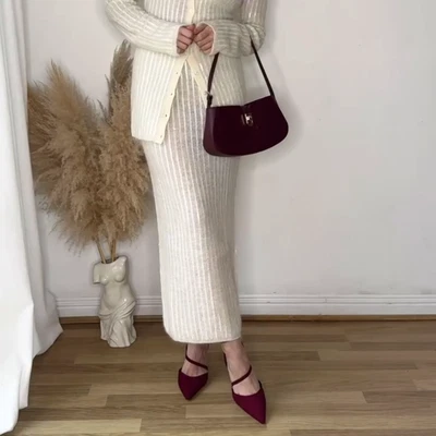 Saia nova com etiquetas H&M lantejoulas transparentes mistura de mohair branco creme 1260817001 tamanho M - Imagem 1 de 4