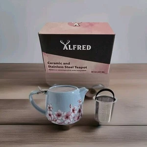 Alfred Ceramic and Stainless Steel Teapot 20 oz New Open Box Floral Pattern Blue - Picture 1 of 24