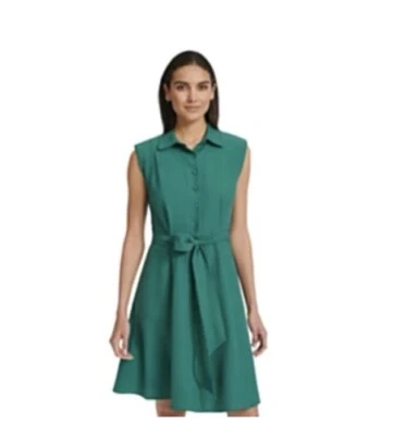 Vestido Camisa Calvin Klein Manga Corta Cuello Cinturón Bolsillo Gasa Verde Talla 8 Foto 1 de 4