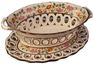 Antique 19thC Spode Creamware Reticulated Basket & Stand Korb English England - Image 1 of 4