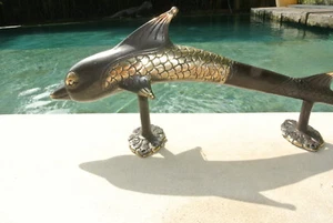 large DOLPHIN handle door PULL brass hollow aged finish old aged style 37cm B - Bild 1 von 9