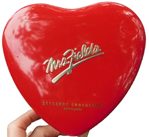 VINTAGE EMPTY MRS. FIELDS RED METAL HEART SHAPED GIFT TIN "DECADENT CHOCOLATES" - Picture 1 of 4