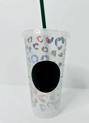 Reusable plastic tumbler, lid & straw holographic cheetah print, chalkboard - Изображение 1 из 4