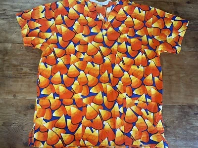 Peaches Candy Corn Graphics Womens XL Cotton Scrub Top Halloween VGC - Image 1 of 3