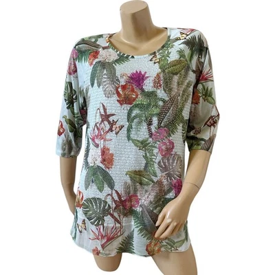 Рубашка топ CJ Banks Plus X с украшенными стразами тропический цветочный узор рукав 3/4 - Изображение 1 из 4