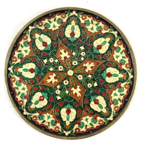 Vintage Brass Mosaic Enamel Floral Pattern Wall Hanging Decorative Plate - Picture 1 of 6