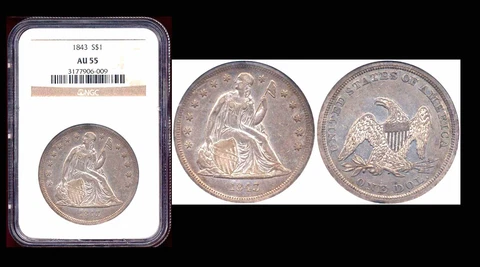 1843 $1 -NGC AU55-Very attractive original color and surfaces Seated Liberty Dol Cover
