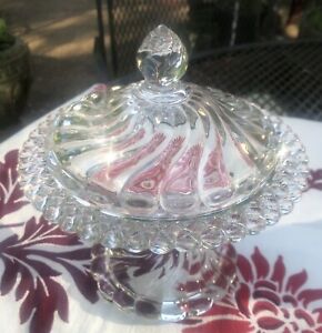 Vintage Fostoria Colony Elegant Glass Pedestal Swirl Candy Dish with Lid 7"
