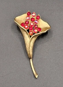 VTG Calla Lily Statement Brooch Pin Red AB Rhinestones Gold Tone Retro 50s 60s  - Picture 1 of 7