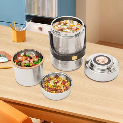 Termo de comida apilable sellado de 3 niveles fiambrera térmica aislada plateada Foto 1 de 4