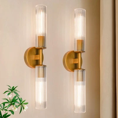Brass Wall Sconces Set of Two, Clear Ribbed Glass Tube Sconces, Brushed Gold ... - Image 1 of 4