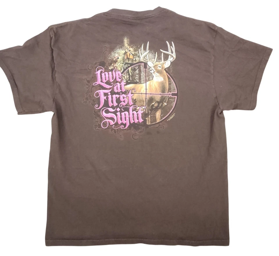 Women's Buck Wear Hunting Love at First Sight T-Shirt Brown Pink Deer XL Cotton - Image 1 of 4