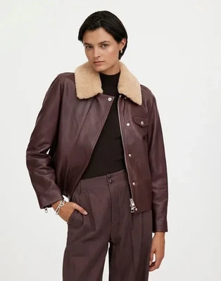 NWT $625 Madewell Sherpa-Collar Asymmetric Zip Leather Jacket Dark Coffee M - Image 1 of 4