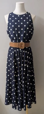 Винтажный 90-х Betsy's вещи синий и белый в горошек красивая женщина миди платье 5/6 - Изображение 1 из 4