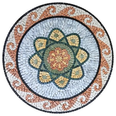 Handmade Flower Patterned Mosaic Medallion with Wave Border - Image 1 of 4