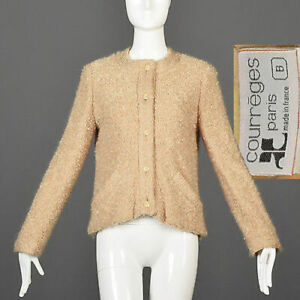 M Vintage 1960s 60s MOD Courreges Boucle Knit Cardigan Sweater Jacket Beige GoGo