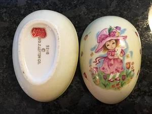 Vintage Lefton Easter Egg Trinket Dish Girl w Bonnet Bunny Rabbit Japan NICE! - Picture 1 of 3