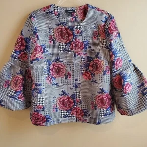 ALFANI Women's Floral Metallic Houndstooth Print Jacket Bubble Sleeve MSRP $109 - Picture 1 of 5