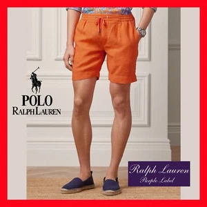 $495 Ralph Lauren Purple Label Dobby Shorts Orange Textured 100% Linen Mens 32 - Picture 1 of 18