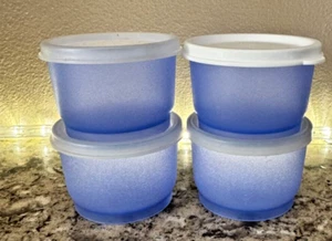 Tupperware #1229 Juego de 4 tazas de aperitivos azules con 3 sellos transparentes 1 sello blanco - Imagen 1 de 5