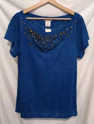 LaRok Shirt Women XS Blue Short Sleeve Bejeweled Pullover - Image 1 of 4