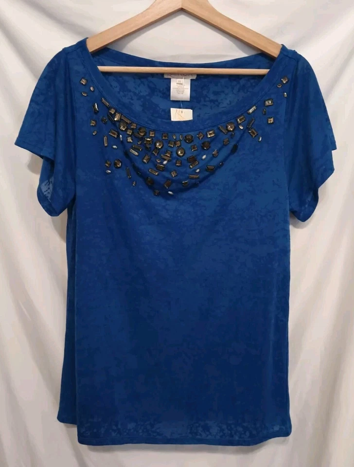 Camisa Pullover LaRok Mujer XS Azul Manga Corta Joyas Foto 1 de 4