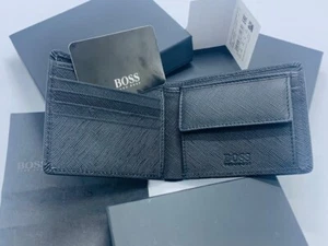 NUEVO HOMBRE HUGO BOSS ATEMPORAL BI PLEGABLE CARTERA DE CUERO NEGRO CON BOLSILLO PARA MONEDAS - Imagen 1 de 9