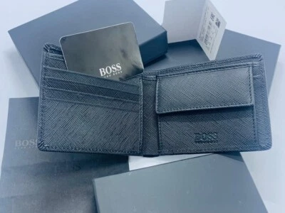 NEW MEN HUGO BOSS TIMELESS BI FOLD BLACK LEATHER WALLET WITH COIN POCKET - Image 1 of 4