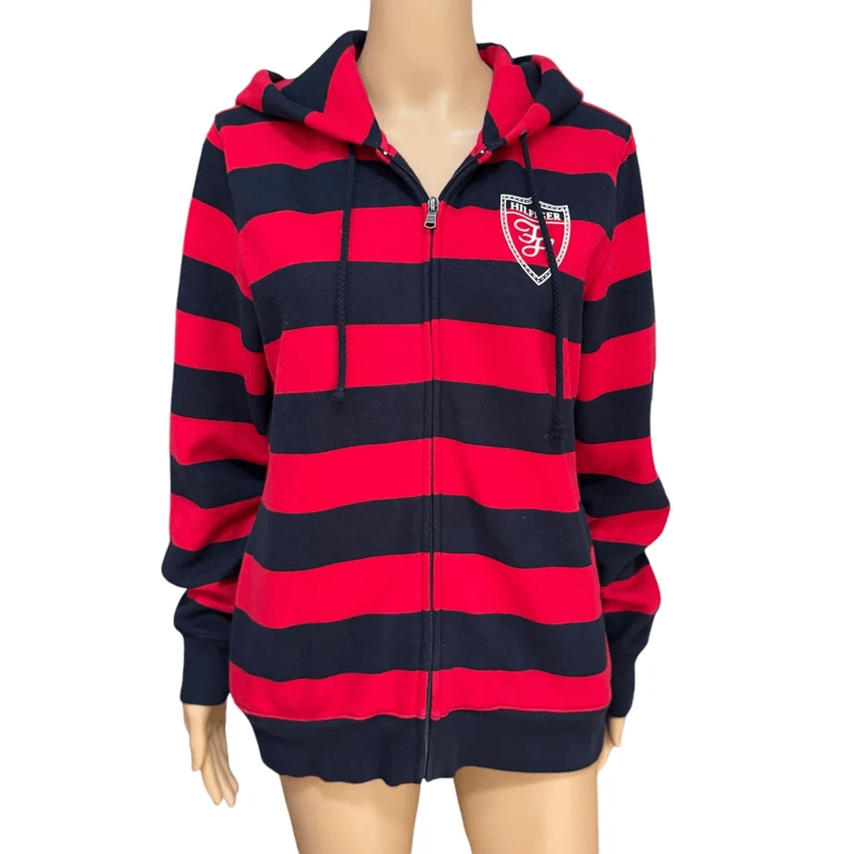 TOMMY HILFIGER Rojo Azul Rayas Sudadera con Capucha Suéter Sudadera Grande L Foto 1 de 4